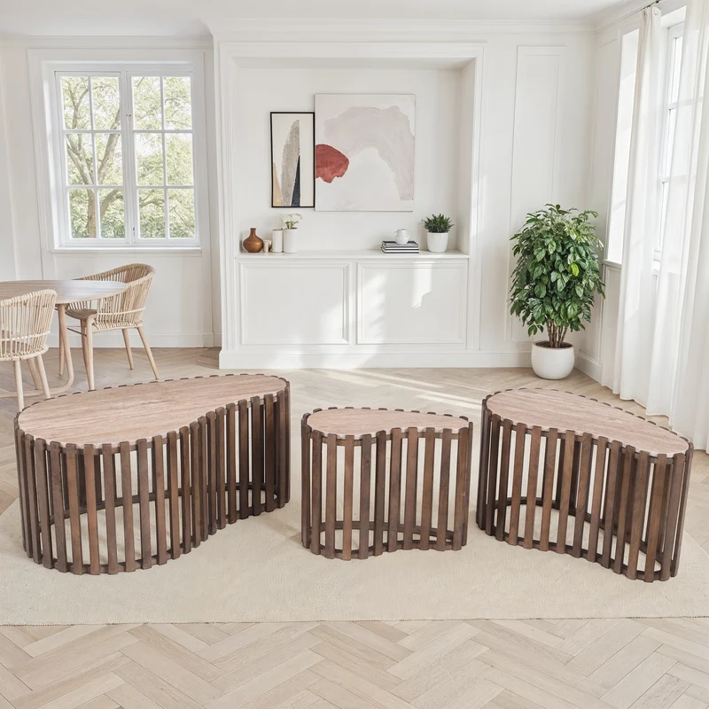 Set de 3 tables basses en bois avec plateau en céramique, 90x52xH40CM, 70x38xH40Cm et 50x26xH40CM - CALYRA