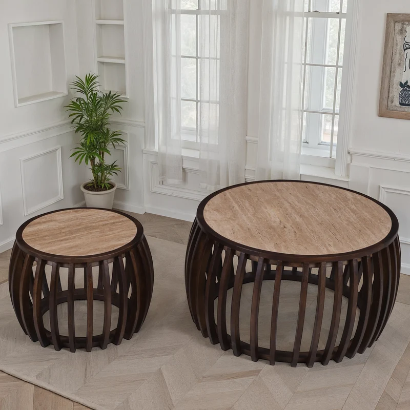 Set de 2 tables basses avec plateau en céramique, D74xH40CM et D48xH35CM - AVELINE