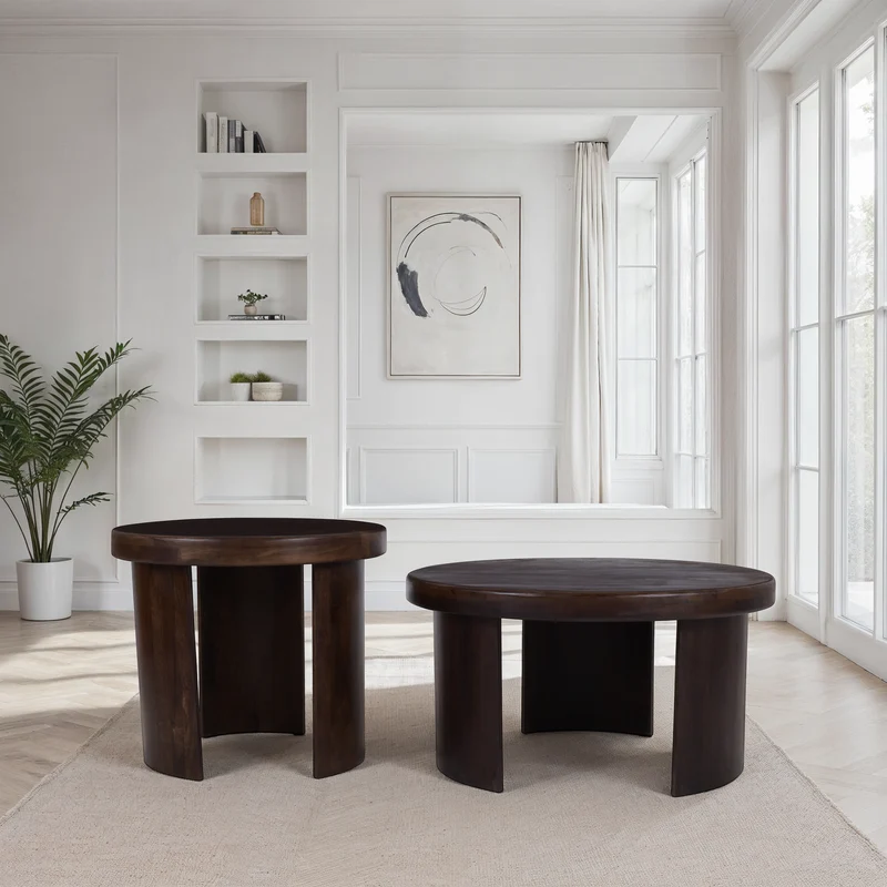 Set de 2 tables basses en bois de manguier, D80xH41CM et D60xH51CM - BELLAGIO