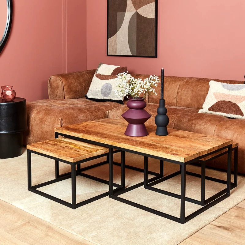 Set de 3 tables basses en bois de manguier, 120x60xH42cm, 50x50xH35cm - ALEXIA