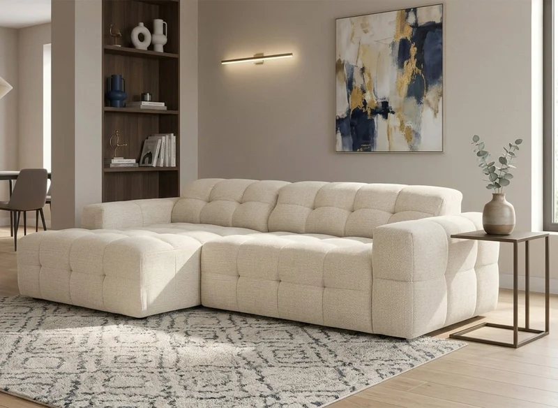 Canapé d'angle relax électrique en velours texturé beige FEDORA - Angle gauche