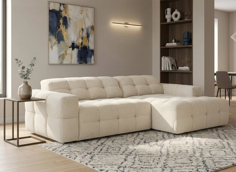 Canapé d'angle relax électrique en velours texturé beige FEDORA - Angle droit