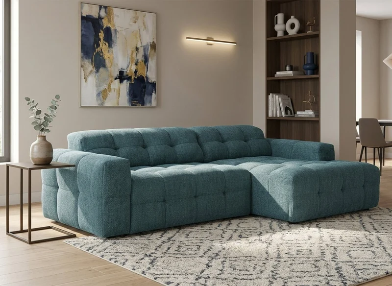 Canapé d'angle relax électrique en velours texturé bleu FEDORA - Angle droit