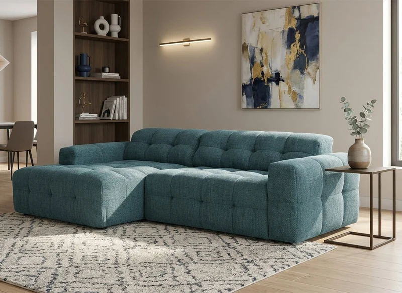 Canapé d'angle relax électrique en velours texturé bleu FEDORA - Angle gauche