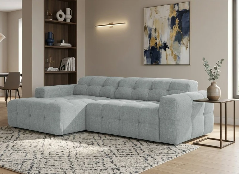 Canapé d'angle relax électrique en velours texturé gris FEDORA - Angle gauche