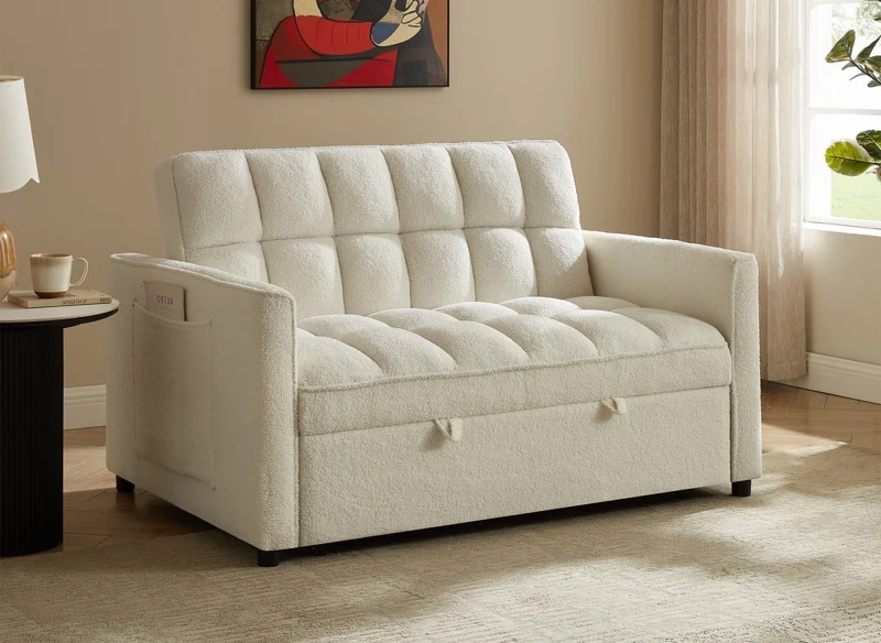 Canapé convertible 2 places en tissu bouclette écru JASPER