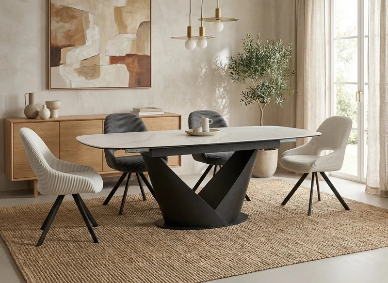Table à manger extensible en métal marron plateau en céramique blanc 180-240 cm LERONA