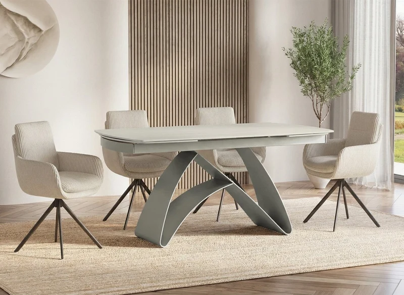 Table à manger extensible en métal beige plateau céramique blanc 160-240 cm PARIS