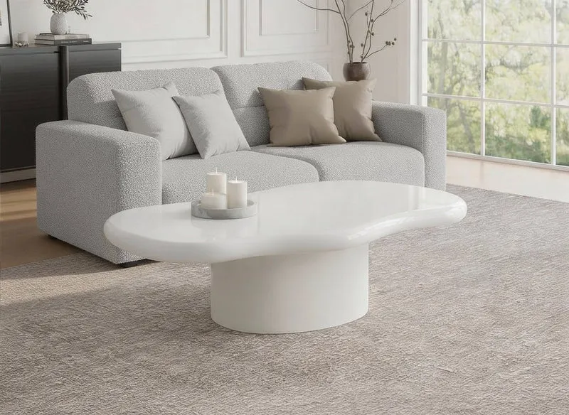 Table basse ovale en béton brossé blanc plateau asymétrique ZELINE