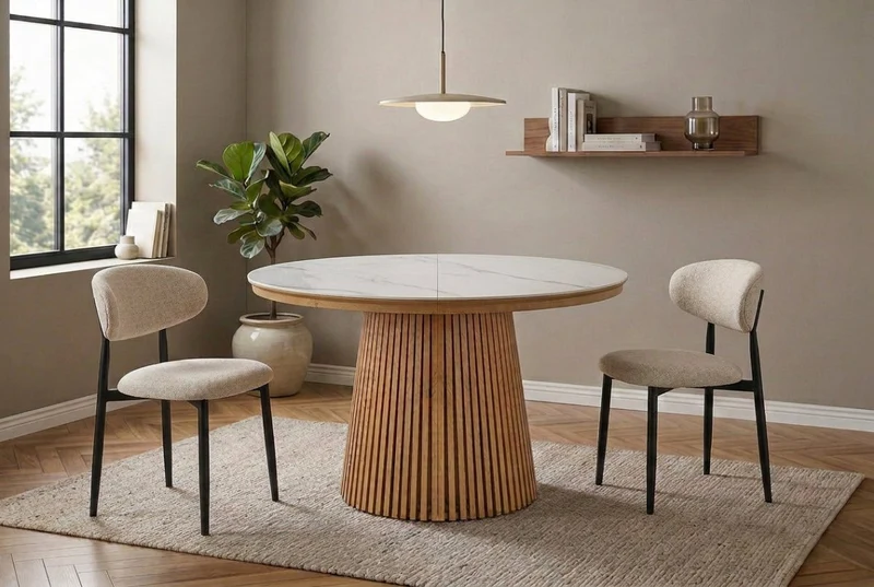 Table à manger ronde extensible en bois clair avec plateau en céramique blanc 120-200cm HEKA