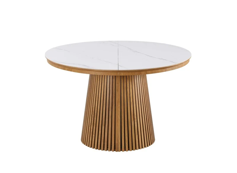 Table à manger ronde extensible en bois clair avec plateau en céramique blanc 120-200cm HEKA