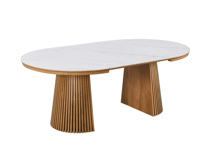 Table à manger ronde extensible en bois clair avec plateau en céramique blanc 120-200cm HEKA