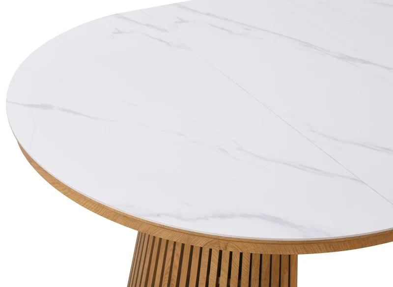 Table à manger ronde extensible en bois clair avec plateau en céramique blanc 120-200cm HEKA