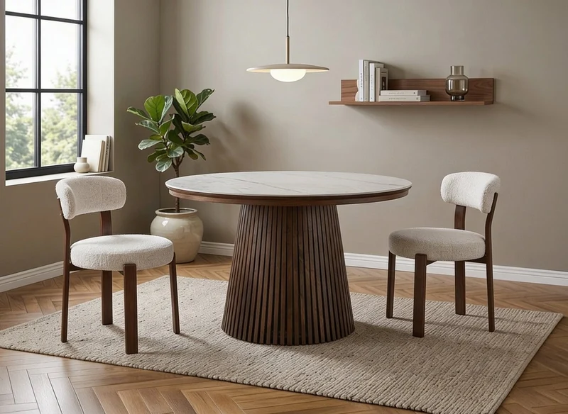 Table à manger ronde extensible en bois foncé avec plateau en céramique blanc 120-200cm HEKA