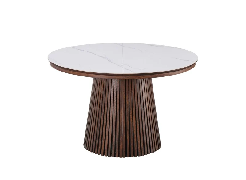 Table à manger ronde extensible en bois foncé avec plateau en céramique blanc 120-200cm HEKA