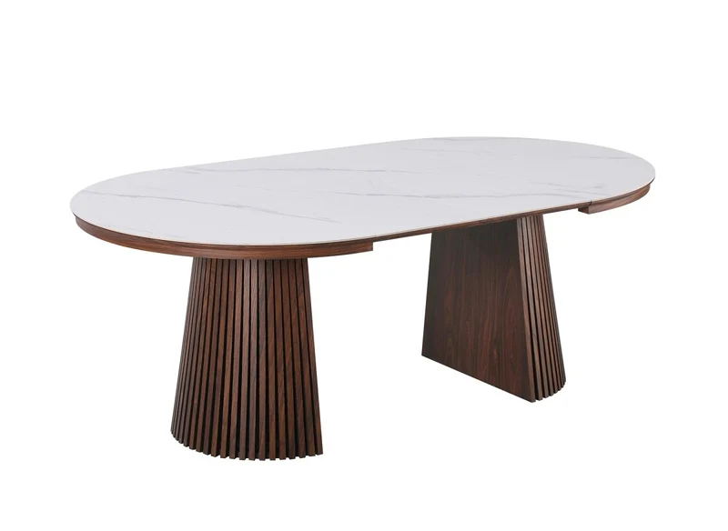 Table à manger ronde extensible en bois foncé avec plateau en céramique blanc 120-200cm HEKA