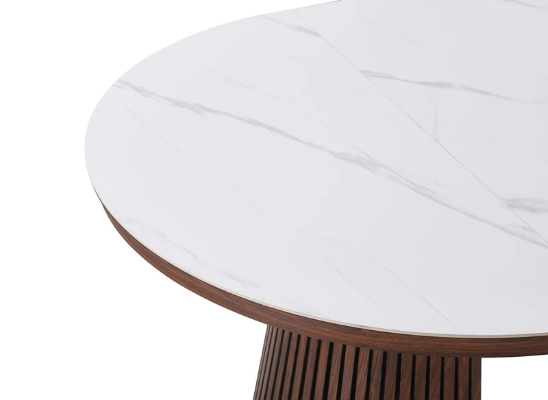 Table à manger ronde extensible en bois foncé avec plateau en céramique blanc 120-200cm HEKA