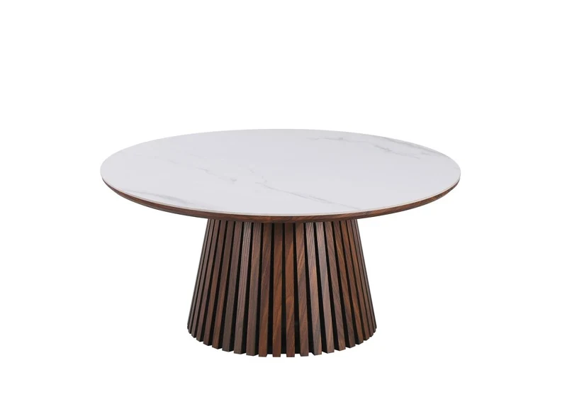 Table basse ronde en bois foncé plateau en céramique blanc HEKA