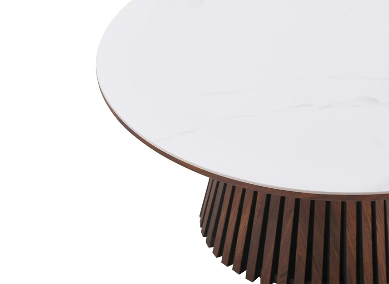 Table basse ronde en bois foncé plateau en céramique blanc HEKA