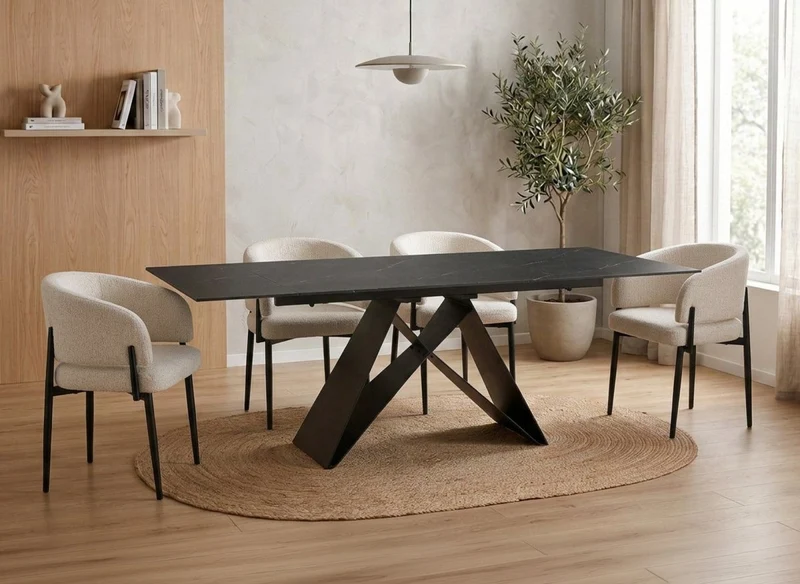 Table à manger extensible en métal noir avec plateau en céramique noir 160-240 cm HELSINKI