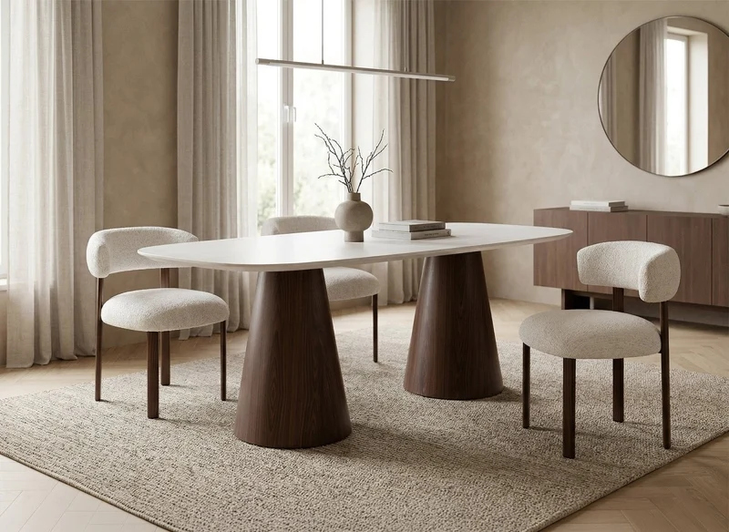 Table à manger 200cm en céramique beige pieds marron 8 personnes 200cm ELWEN