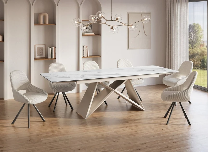 Table à manger extensible plateau céramique blanc 10 personnes 160-240 cm GABRIEL