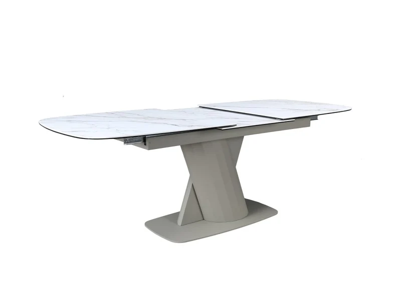 Table à manger extensible en métal beige plateau céramique blanc 180-240 cm DUBAI