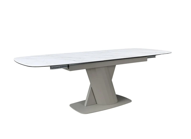 Table à manger extensible en métal beige plateau céramique blanc 180-240 cm DUBAI