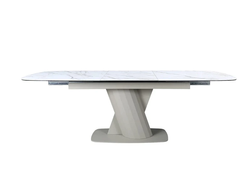 Table à manger extensible en métal beige plateau céramique blanc 180-240 cm DUBAI
