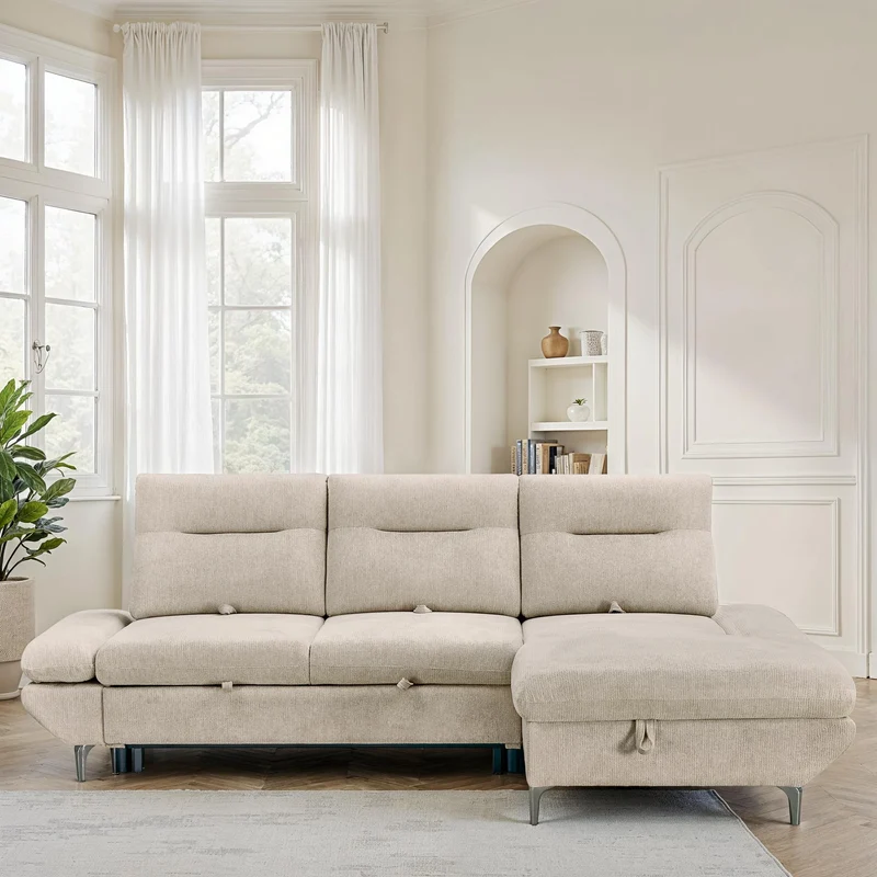 Canapé d'angle convertible avec coffre en tissu et dossier retractable, 267x161xH97CM - LAVINO