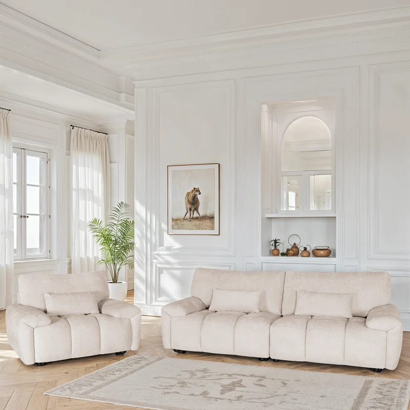 Canapé 3 places / fauteuil / pouf en tissu anti tache - MELINE