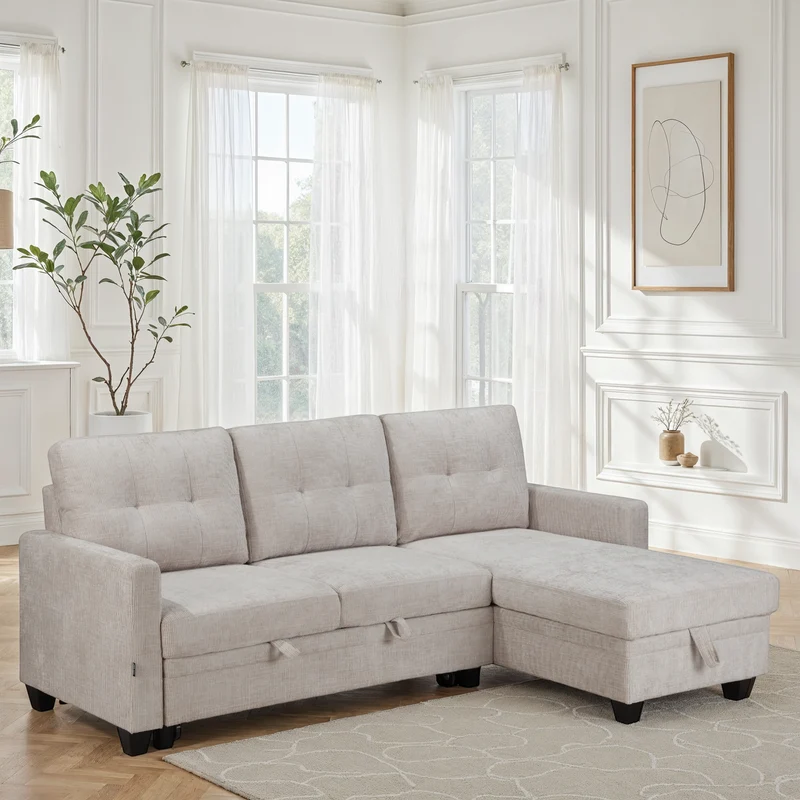 Canapé d'angle convertible et reversible en tissu anti tache, 210x154xH90CM - LEANDRO