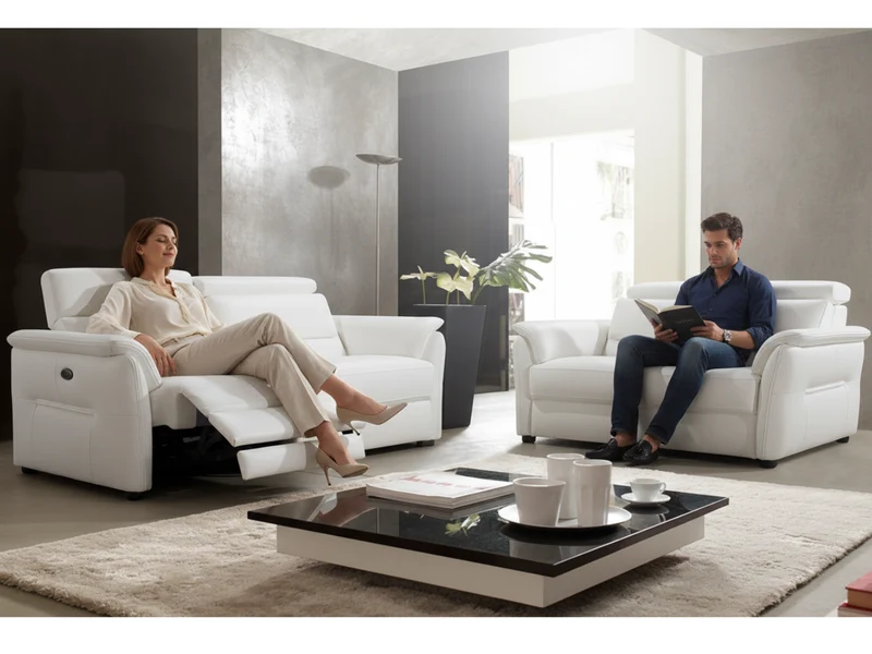 Salon complet en cuir blanc 3 places 2 relax et 2 places fixe - Alana
