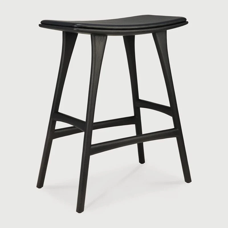 Ethnicraft Tabouret de Bar Osso avec Coussin en Cuir Noir (69 cm)