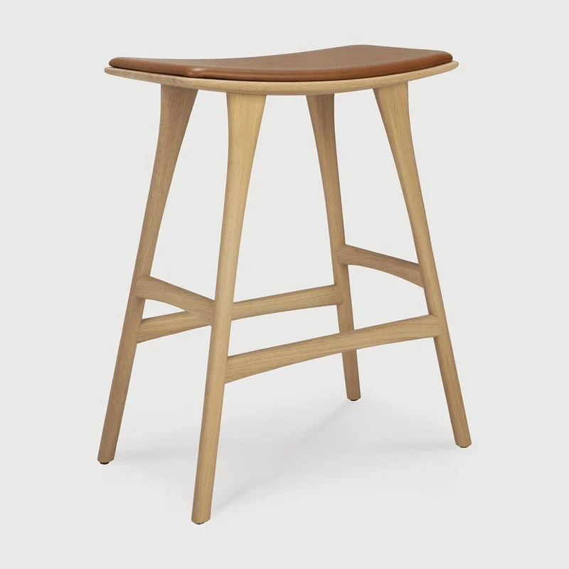 Ethnicraft Tabouret de Bar Osso avec Coussin en Cuir Cognac (69 cm)