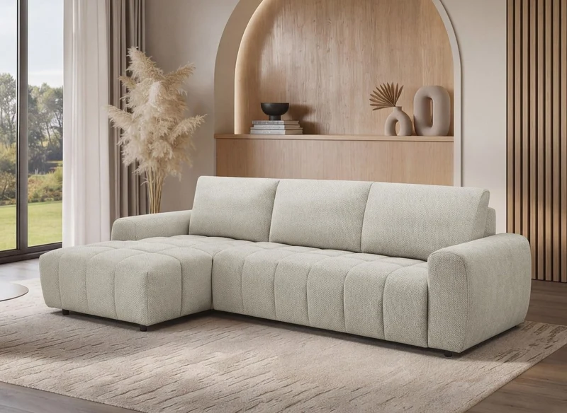 Canapé d'angle convertible ouverture express en tissu beige AGATHE - Angle gauche