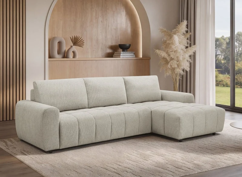 Canapé d'angle convertible ouverture express en tissu beige AGATHE - Angle droit