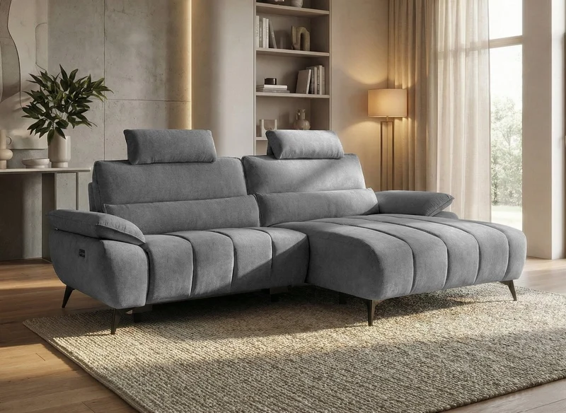 Canapé d’angle relax électrique en velours chiné gris LYANA - Angle droit