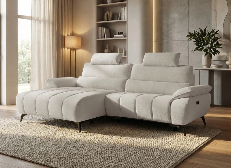Canapé d’angle relax électrique en velours chiné beige LYANA - Angle gauche