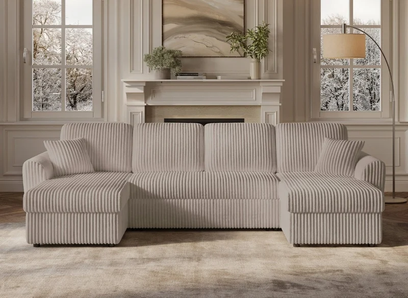 Canapé panoramique convertible avec coffres en velours côtelé épais taupe ADRYEN