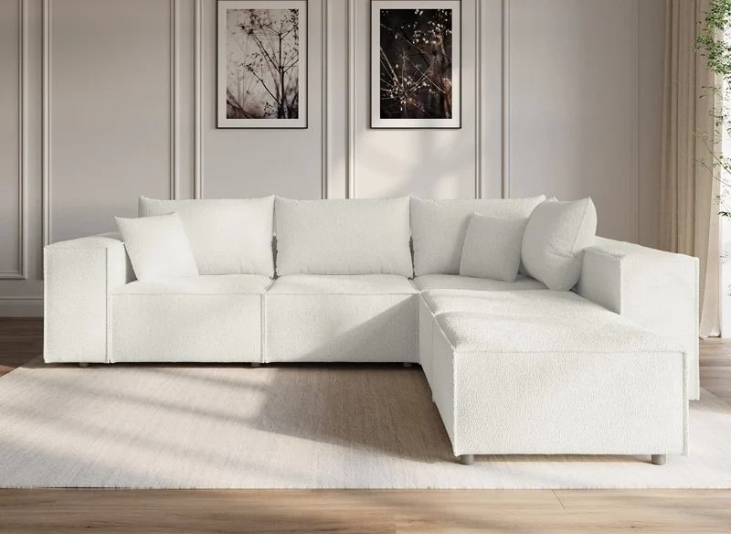 Canapé d'angle fixe modulable avec 1 pouf en tissu effet peau de mouton blanc écru HARLEM XL