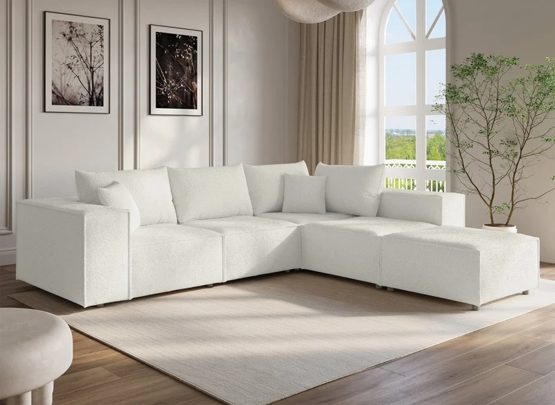 Canapé d'angle fixe modulable avec 1 pouf en tissu effet peau de mouton blanc écru HARLEM XL
