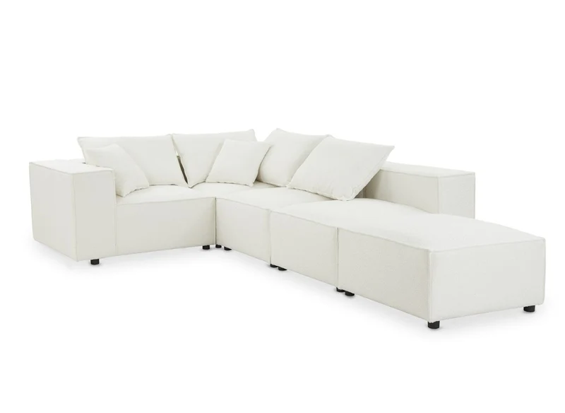Canapé d'angle fixe modulable avec 1 pouf en tissu effet peau de mouton blanc écru HARLEM XL