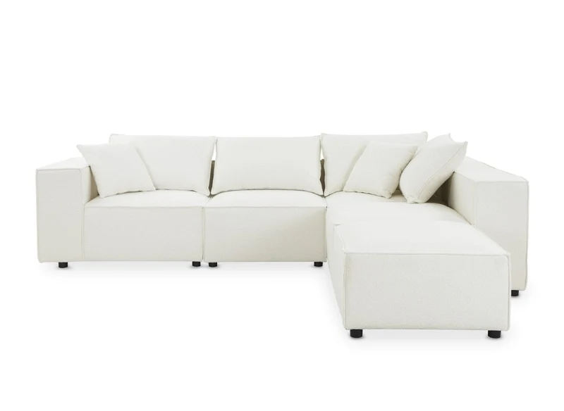 Canapé d'angle fixe modulable avec 1 pouf en tissu effet peau de mouton blanc écru HARLEM XL