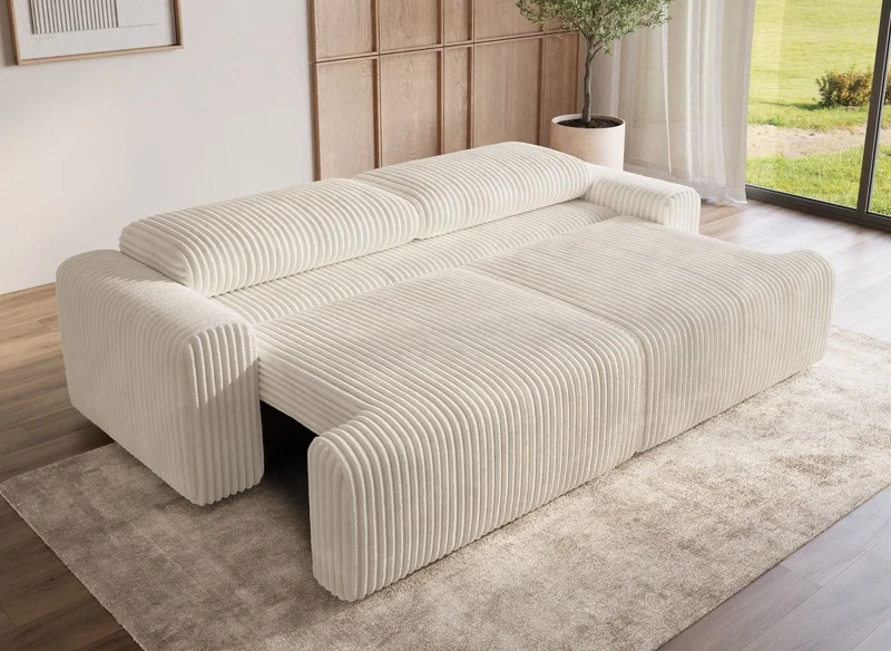 Canapé convertible 3 places avec coffre en velours côtelé épais beige MILO