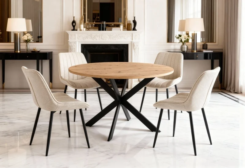 Table à manger ronde plateau effet bois pieds métal noir 120cm SINAYA