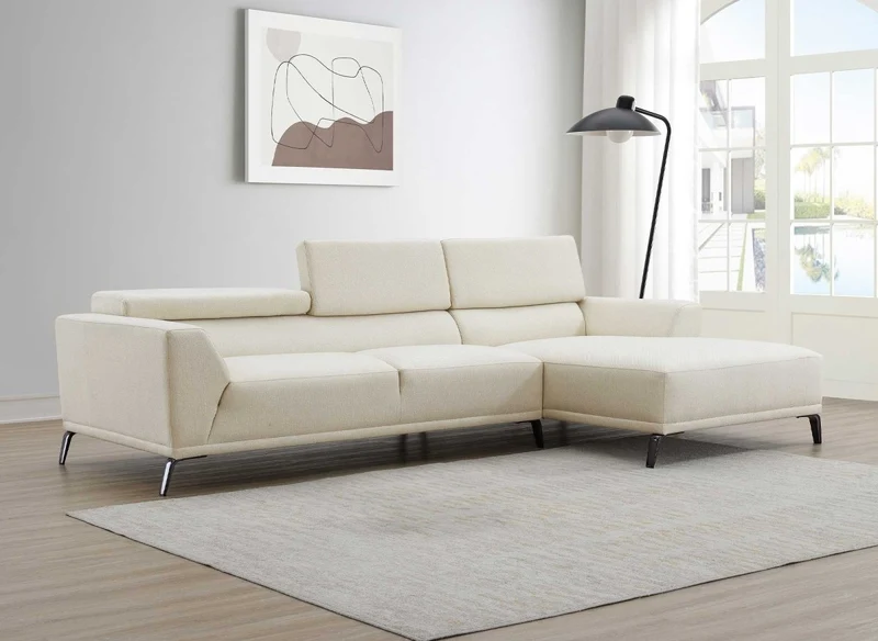 Canapé d'angle fixe avec méridienne en tissu beige KALISTA - Angle Droit