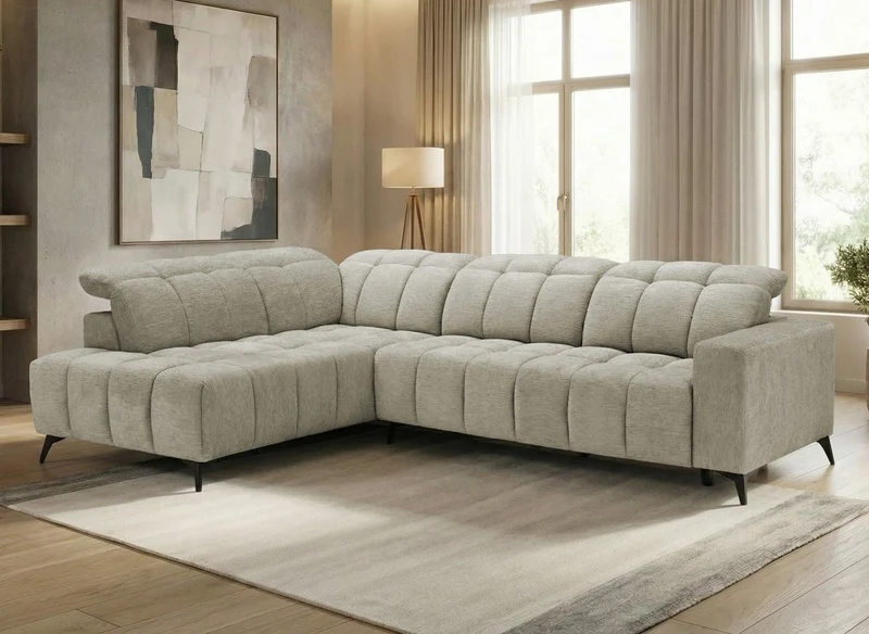 Canapé d'angle relax électrique en velours chiné beige ALVAR - Angle gauche