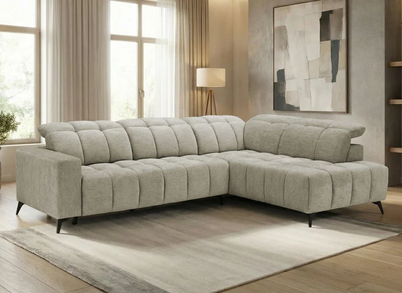 Canapé d'angle relax électrique en velours chiné beige ALVAR - Angle droit