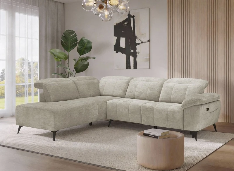 Canapé d'angle relax électrique en velours chiné beige SOLINA - Angle gauche